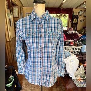 Women’s Carhartt button down plaid striped long sleeve shirt.